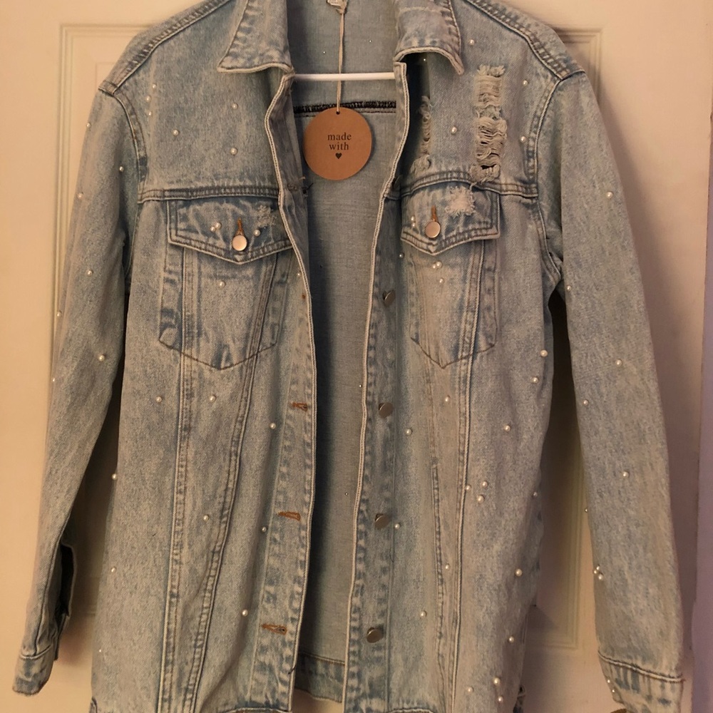 honey punch distressed jean jacket with pearls